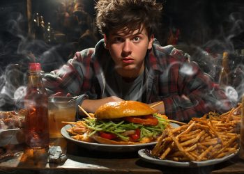 A young person in a haze of smoke sitting over a table loaded with fast food options.