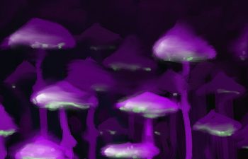 Psychedelic mushrooms poster, illustration. Hand drawn violet blurred fungus print. Ultraviolet toadstools design.